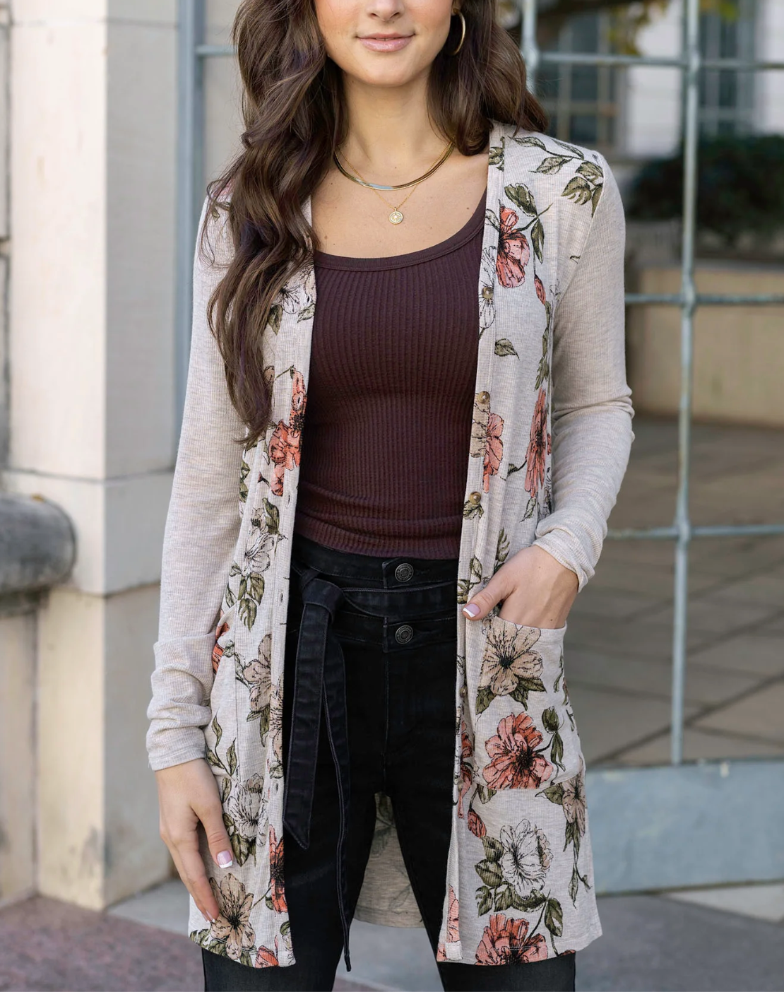 Grace & Lace Lightweight Floral Ribbed Cardigan