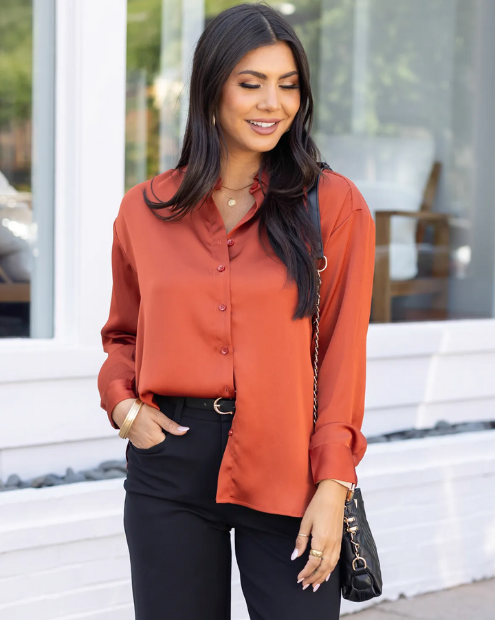 Grace & Lace Satin Button Down Top In Rust