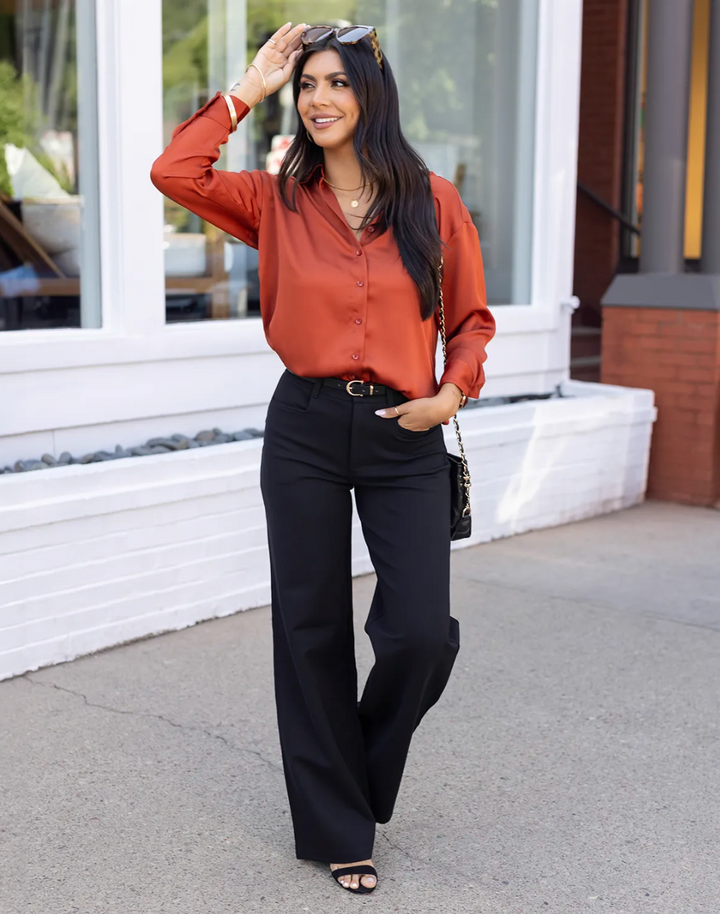 Grace & Lace Satin Button Down Top In Rust