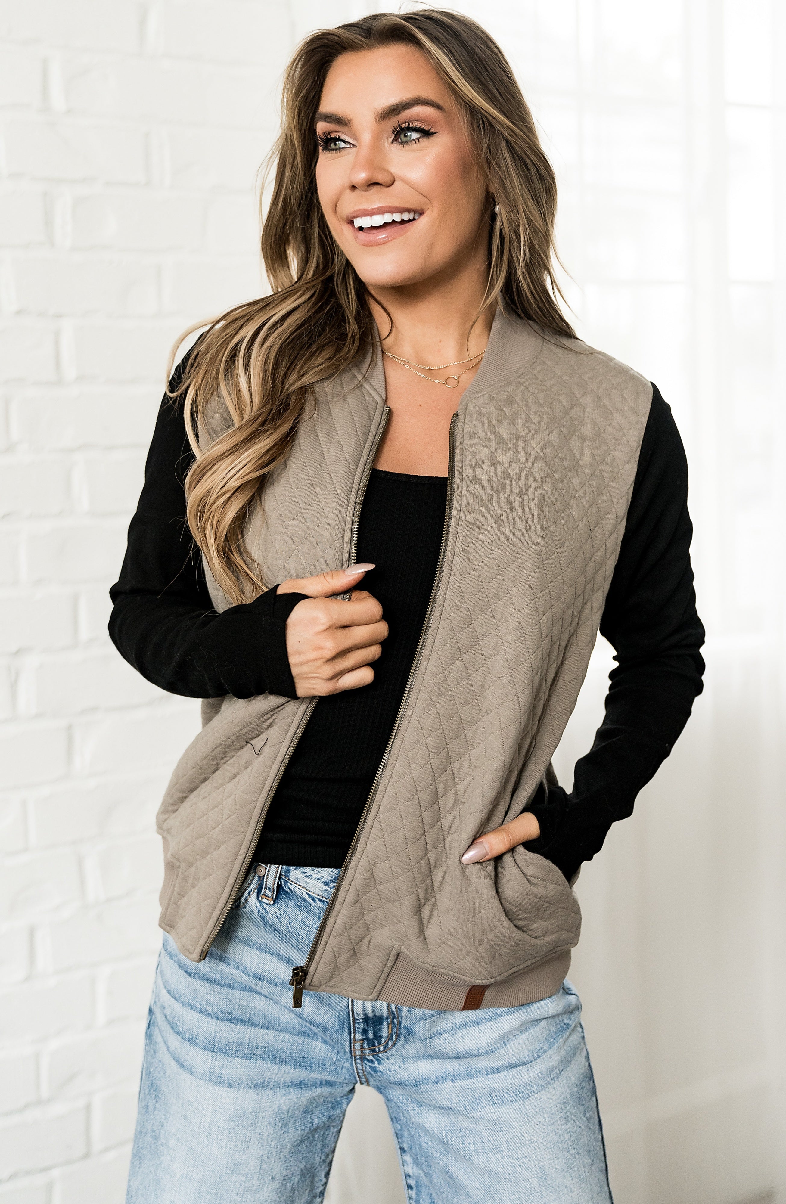 Ampersand Avenue Quilted Jacket - Black & Taupe