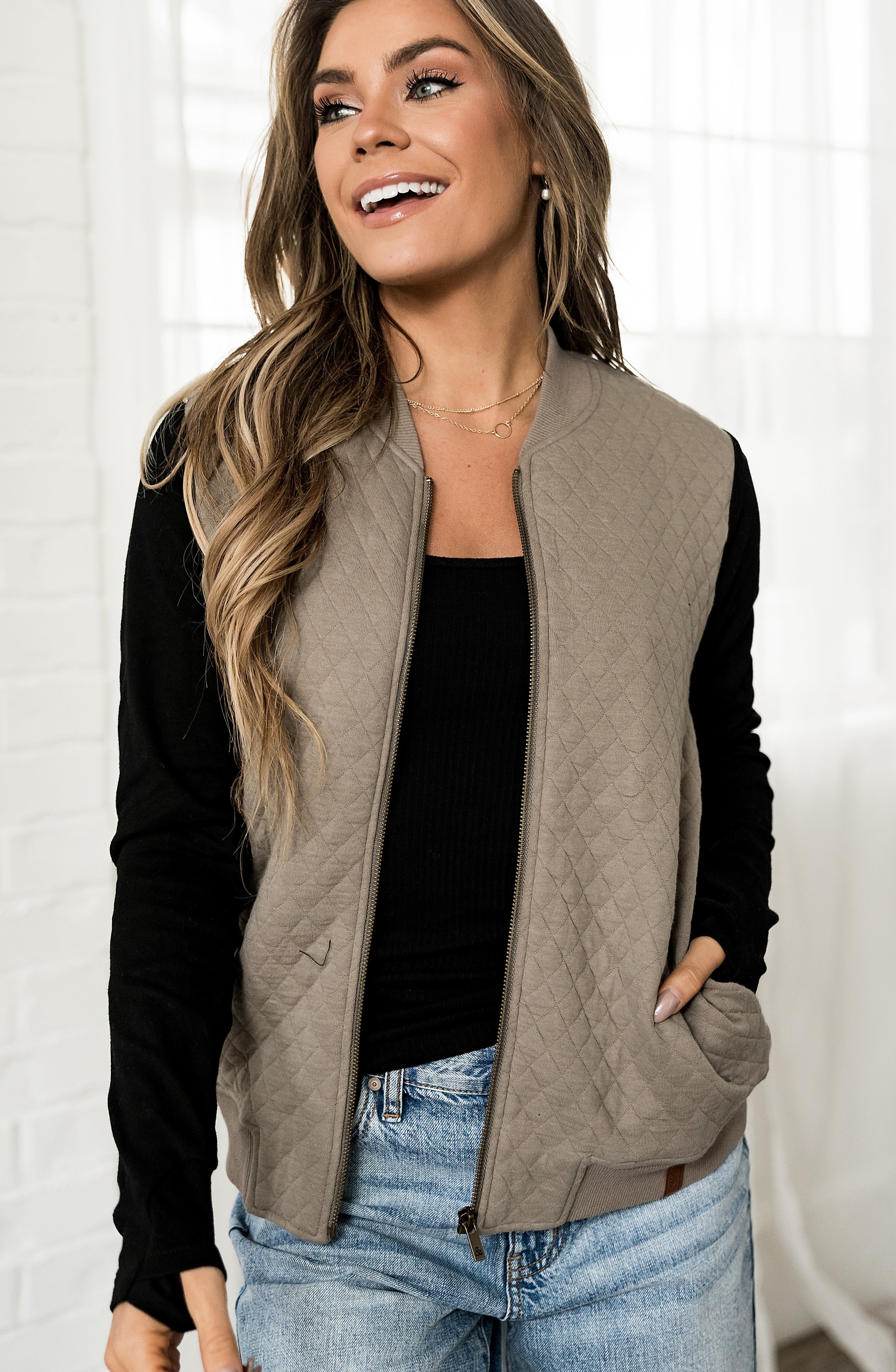 Ampersand Avenue Quilted Jacket - Black & Taupe